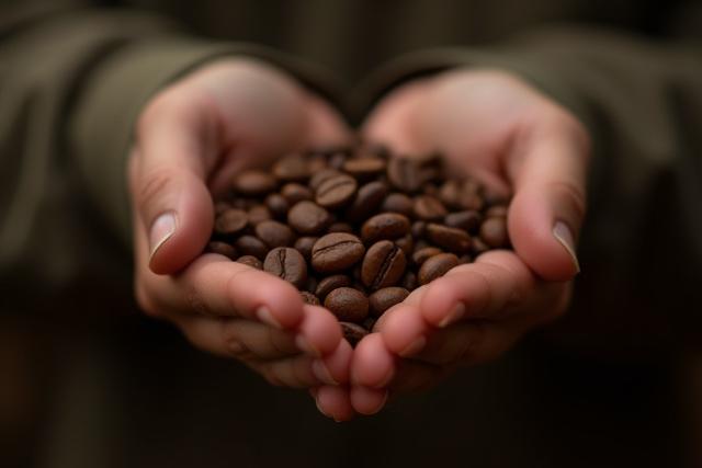 Két kéz, az egyik kávébabot tart, a másik egy kézfogást formál háttérben