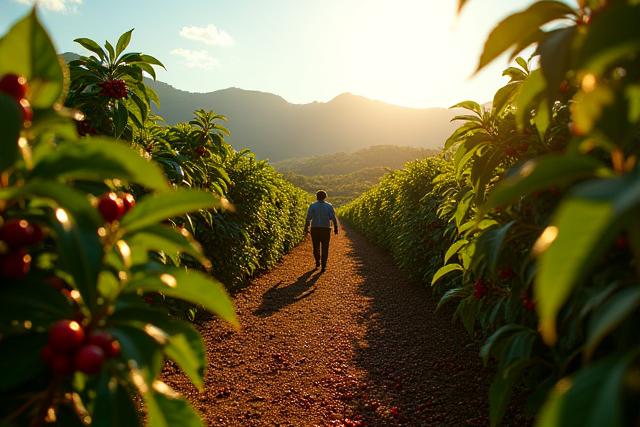 Kávébabot válogató farmerek egy trópusi kávéültetvényen, napfényben fürödve