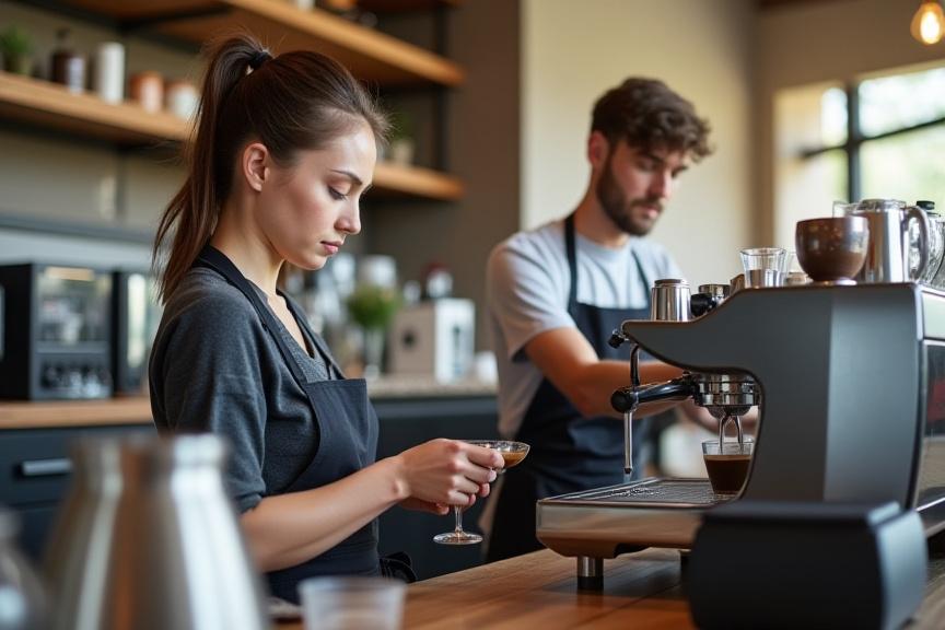 Moderne kávézó pultja mögött két barista, egy férfi és egy nő, hatékonyan dolgoznak együtt. Rendezett munkaállomás, gőzgép és csészék.