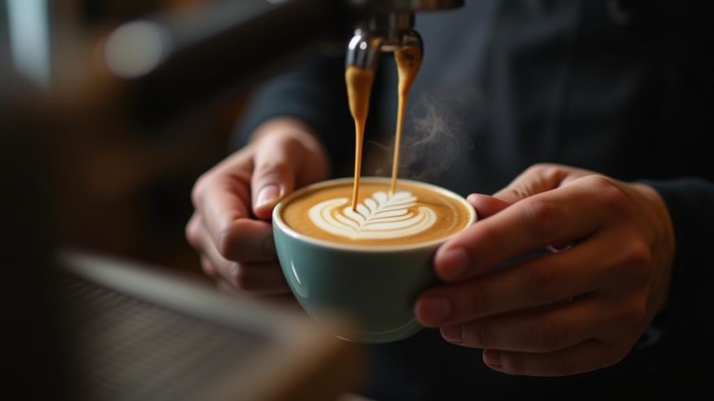 Kávézóban dolgozó baristák szempontból, elmosódott háttérrel, csésze kávéval a fókuszban, ami a hatékony működés és odafigyelés fontosságát sugallja.