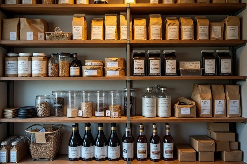 Rendezett raktárhelyiség kávézóban, polcokon kávébabos zsákok, szirupok és csomagolt termékek. Tiszta és hatékony készletkezelést sugall.