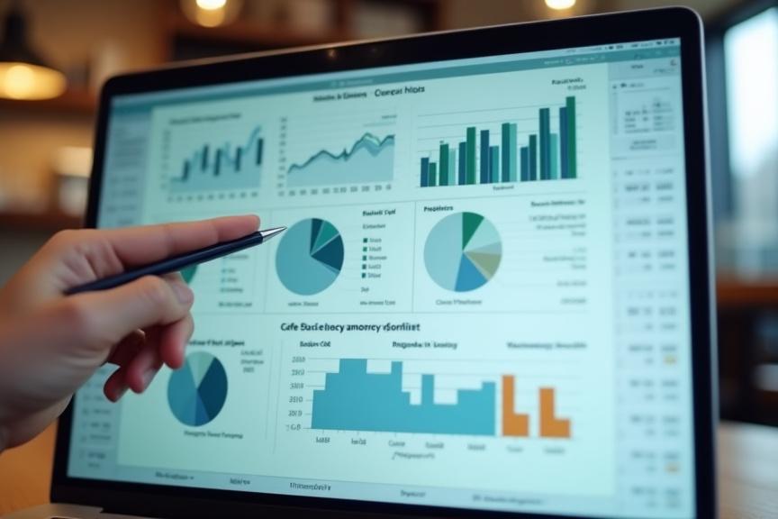 Grafikonok és táblázatok, amelyek pénzügyi adatokat ábrázolnak egy modern laptop képernyőjén, háttérben elmosódott kávézói környezettel. Egy kéz egy ceruzával éppen adatot mutat be.