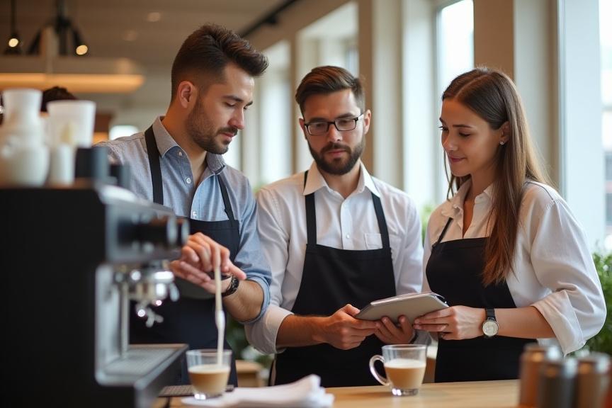 Barista oktató demonstrálja a tej gőzölését egy modern eszpresszógépen, miközben két résztvevő figyelmesen jegyzetel. A jelenet szakértelmet és tanulást sugall.