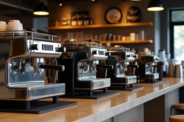 Jól felszerelt, rendezett kávézó pult, barista eszközökkel, letisztult munkaterülettel.