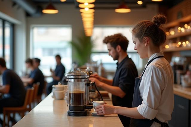Egy modern kávézó belső tere, ahol egy barista kávét készít a letisztult pult mögött, háttérben elmosódott ügyfelekkel.