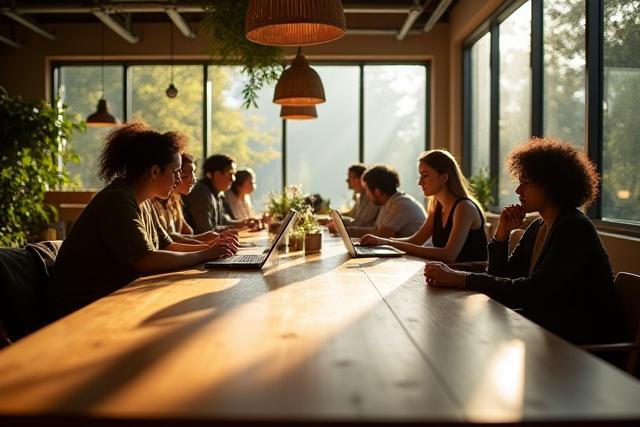Közösségi asztal egy modern kávézóban, emberekkel, akik együtt dolgoznak vagy beszélgetnek.