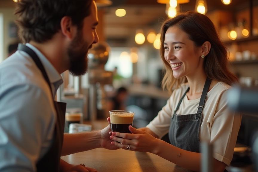 Mosolygó barista kézzel készített kávét szolgál fel egy elégedett, fiatal női vevőnek egy modern, világos kávézóban. A fókusz a pozitív interakción és az ügyfél-elégedettségen van.