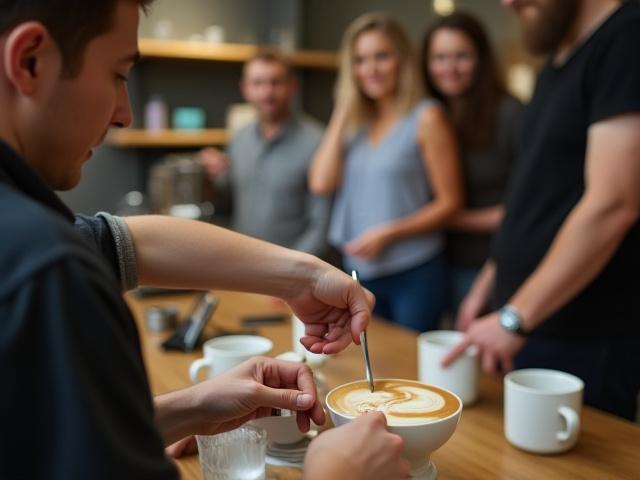 Barista készíti a kávét, latte artot gyakorol