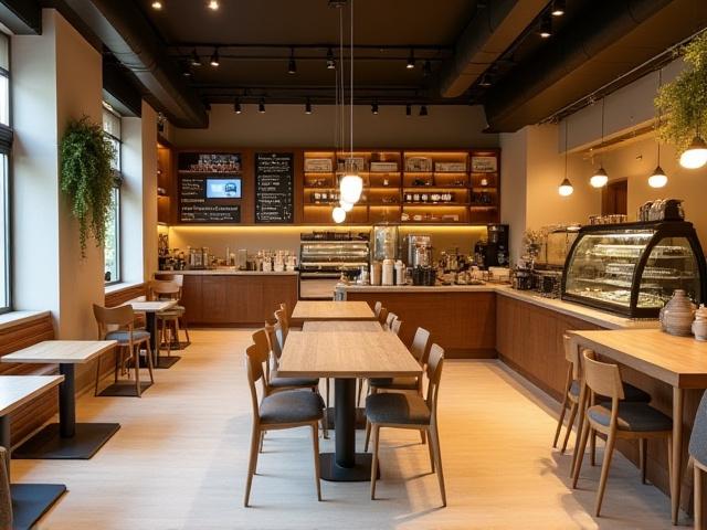Modern kávézó enteriőr, professzionális elrendezéssel