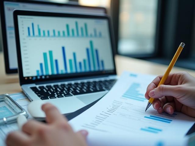 Grafikonok és pénzügyi adatok egy laptop képernyőjén, irodai környezetben