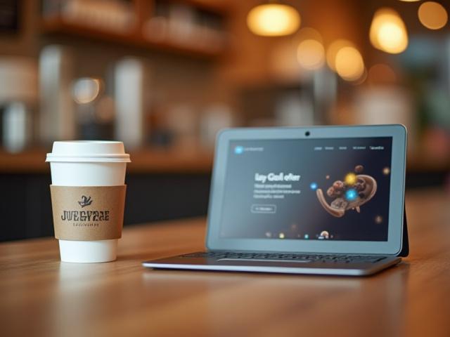 Kávézó logója és mobiltelefon marketing eszközök a pulton