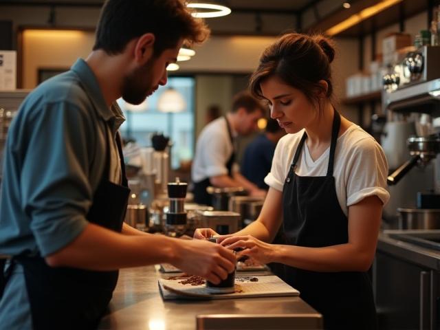 Kávézóban dolgozó személyzet, optimalizált munkafolyamattal